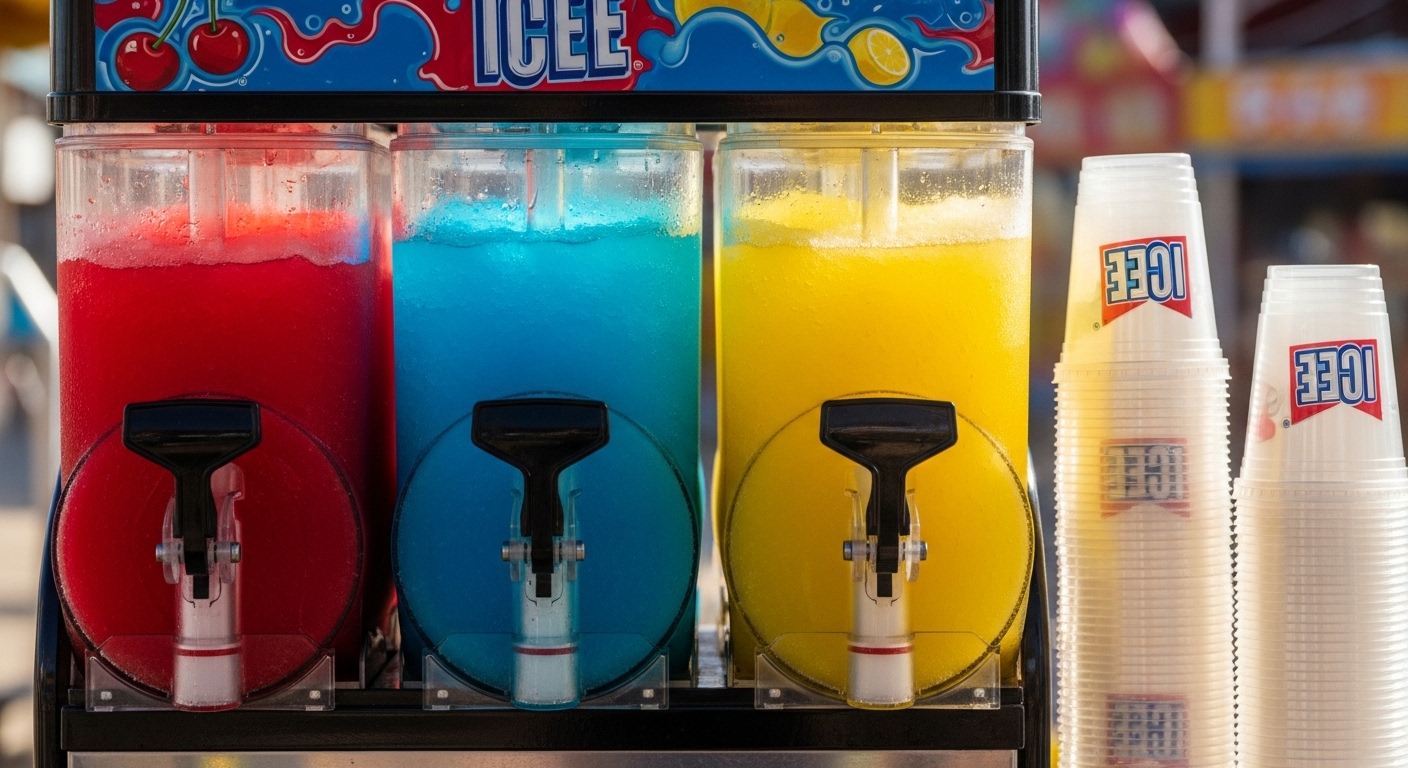 Colorful ICEE machine with swirling flavors and clear cups, illustrating the quest for the Best ICEE Flavors.