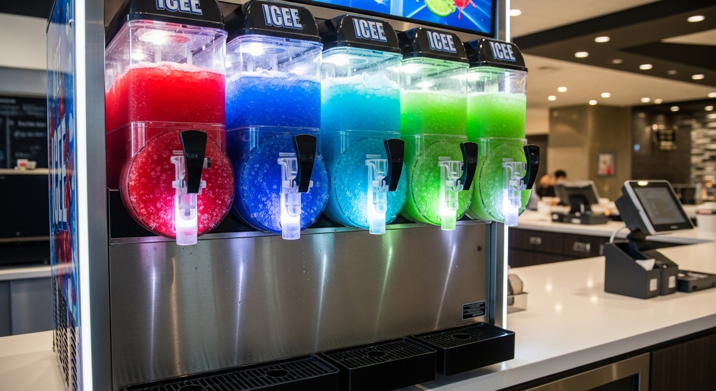A vibrant ICEE machine displaying a wide ICEE Flavor List, ready for selection.