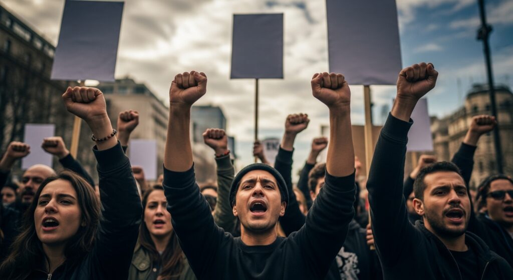 A close-up, ground-level view of a diverse group of determined protestors marching in an urban environment, their faces resolute. Many hands are raised, some clenched into fists, others holding tall, blank protest signs pointing towards a dramatic, cloudy sky.