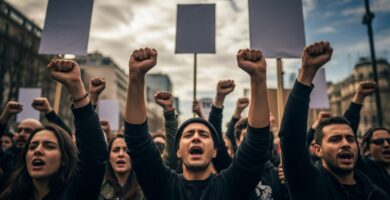 A close-up, ground-level view of a diverse group of determined protestors marching in an urban environment, their faces resolute. Many hands are raised, some clenched into fists, others holding tall, blank protest signs pointing towards a dramatic, cloudy sky.