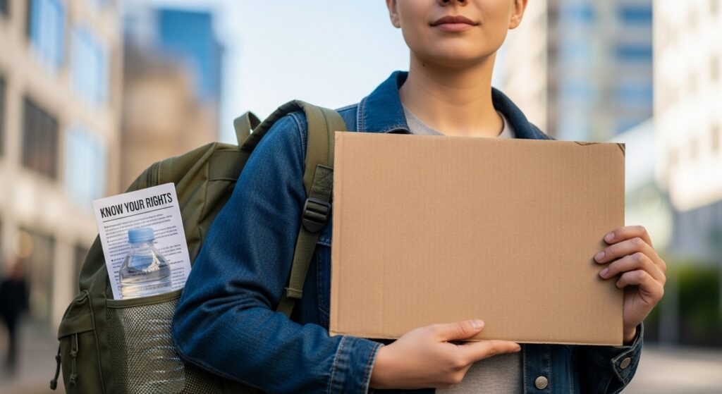 A person with a determined yet calm expression, holding a blank, simple protest sign. A small, practical backpack is slung over their shoulder, with a water bottle and a folded 'Know Your Rights' informational leaflet visibly tucked into a side pocket.