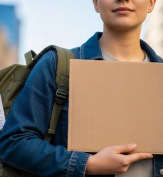 A person with a determined yet calm expression, holding a blank, simple protest sign. A small, practical backpack is slung over their shoulder, with a water bottle and a folded 'Know Your Rights' informational leaflet visibly tucked into a side pocket.