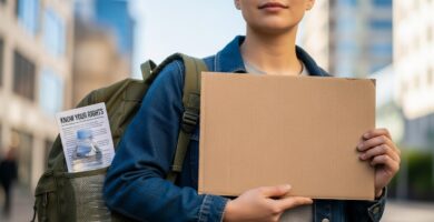 A person with a determined yet calm expression, holding a blank, simple protest sign. A small, practical backpack is slung over their shoulder, with a water bottle and a folded 'Know Your Rights' informational leaflet visibly tucked into a side pocket.
