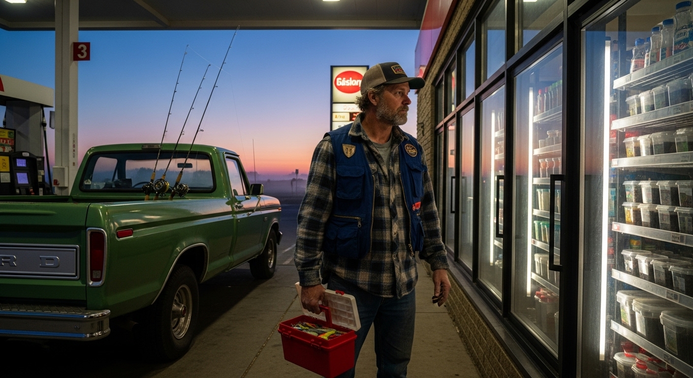 An angler finds fishing worms for sale at one of the gas stations that sell fishing worms.