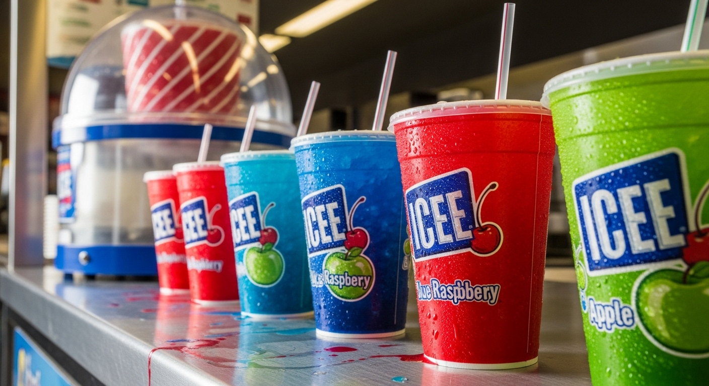 Multiple colorful ICEE cups displayed at a concession stand, illustrating an ICEE Flavors Guide.