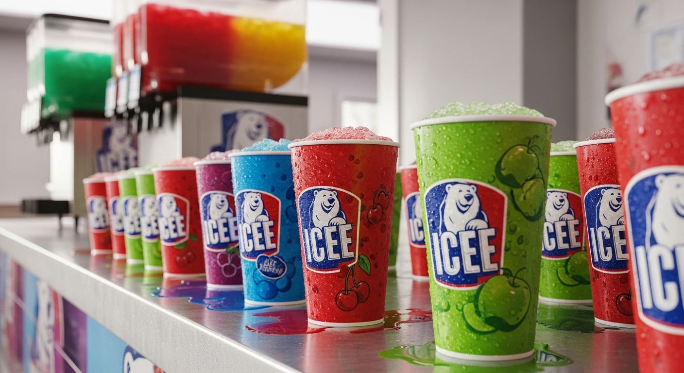 Multiple colorful ICEE cups displayed at a concession stand, showing the best ICEE flavors.