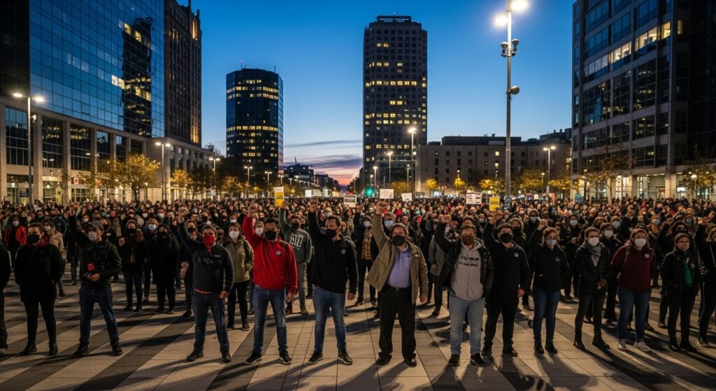 A diverse crowd of determined people, faces illuminated by the glow of city lights,