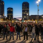 A diverse crowd of determined people, faces illuminated by the glow of city lights,