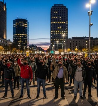 A diverse crowd of determined people, faces illuminated by the glow of city lights,