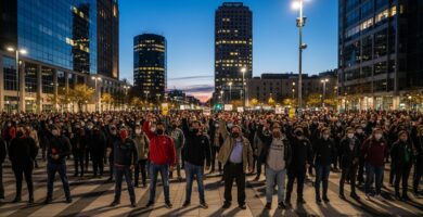 A diverse crowd of determined people, faces illuminated by the glow of city lights,