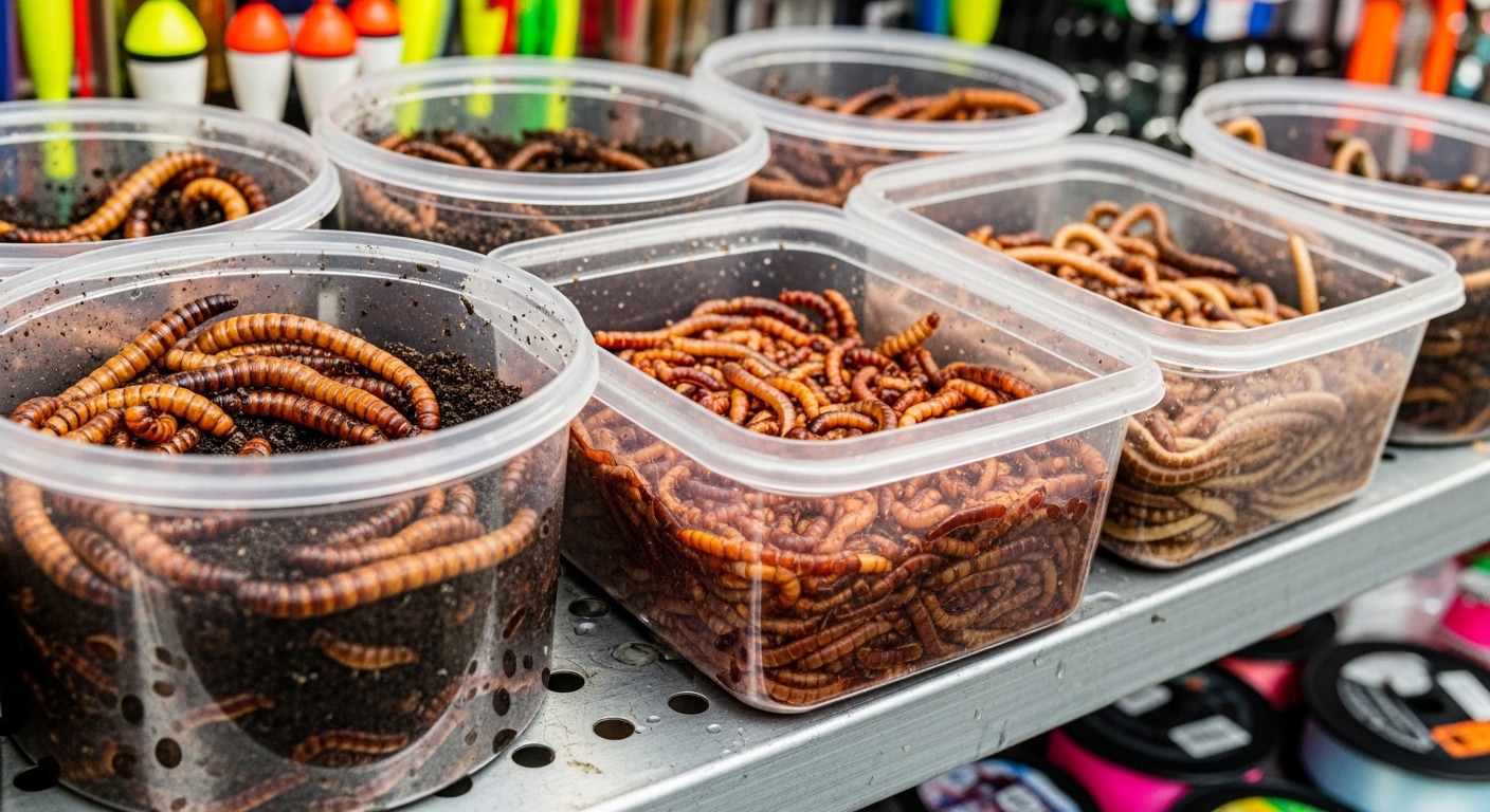 Clear containers display various types of fishing worms, including Nightcrawlers and Red Wigglers, for bait