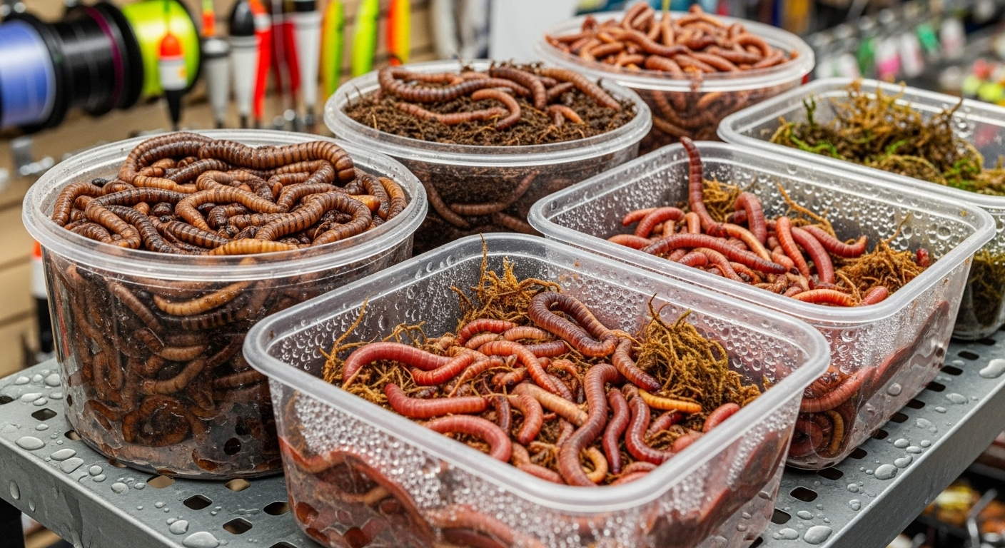 Clear containers display various types of fishing worms, including Nightcrawlers and Red Wigglers, for bait. - view 3